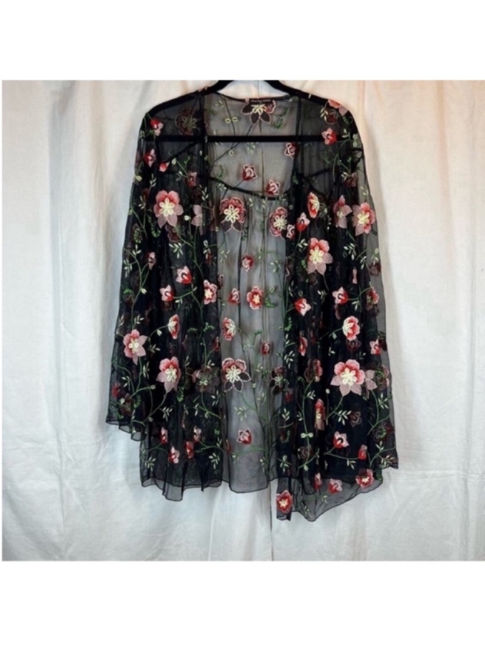 Boutique Cha Cha Vente Sheer Mesh Embroidered Floral Cardigan Whimsy Goth